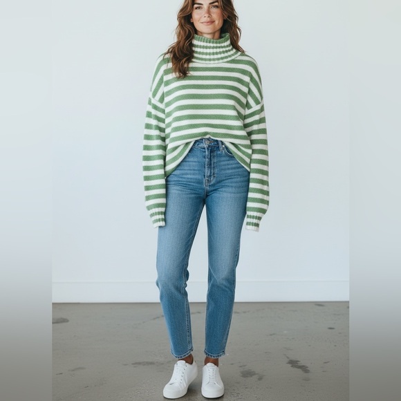 Floor Clothing green white stripe Wool Blend Funnel Neck Sweater Sz S - Picture 13 of 13